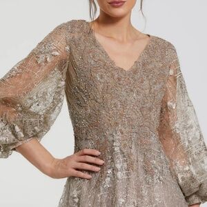 Beige Embellished Plunge Neck Puff Sleeve A Line Gown Women's Dress New